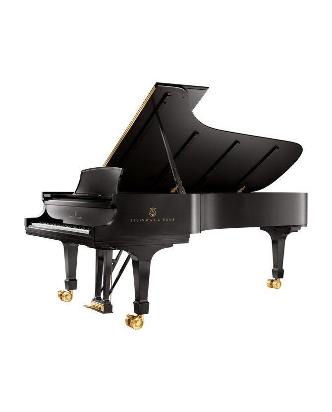 Un piano à queue noir avec le couvercle ouvert sur un fond blanc.