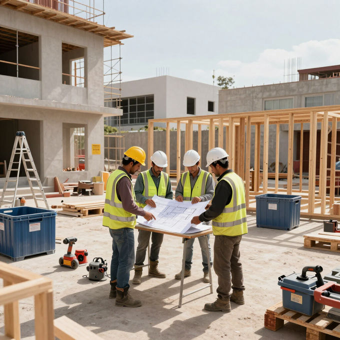 Obreros de la construcción revisando planos en una obra con estructura de madera y herramientas cerca