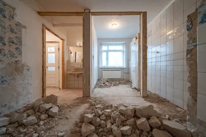 Pasillo parcialmente renovado con paredes a la vista, escombros en el suelo y una ventana en la distancia.