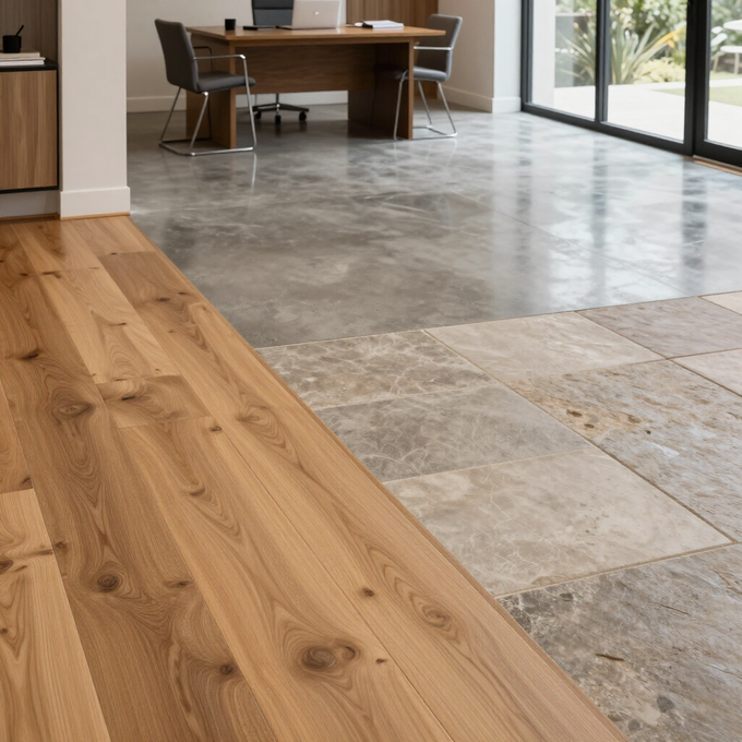Habitación diáfana con suelo de madera, hormigón y piedra, junto a un escritorio y sillas cerca de grandes ventanales.
