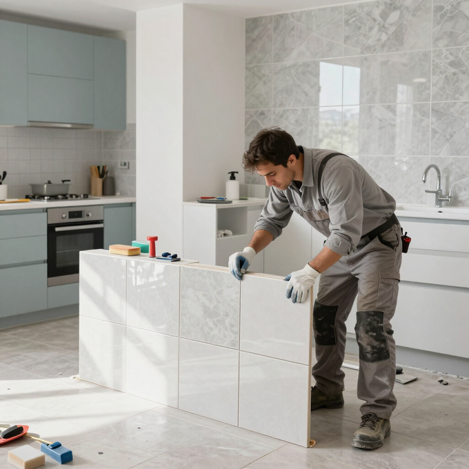 Un trabajador instala armarios de cocina blancos en una cocina moderna en proceso de renovación.