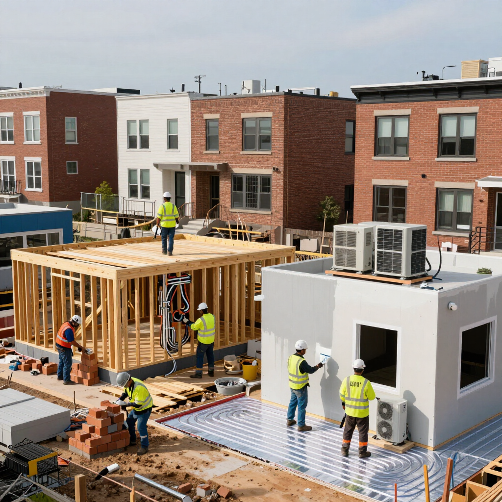 Obreros de la construcción levantan una estructura de madera y una unidad modular en un barrio residencial.