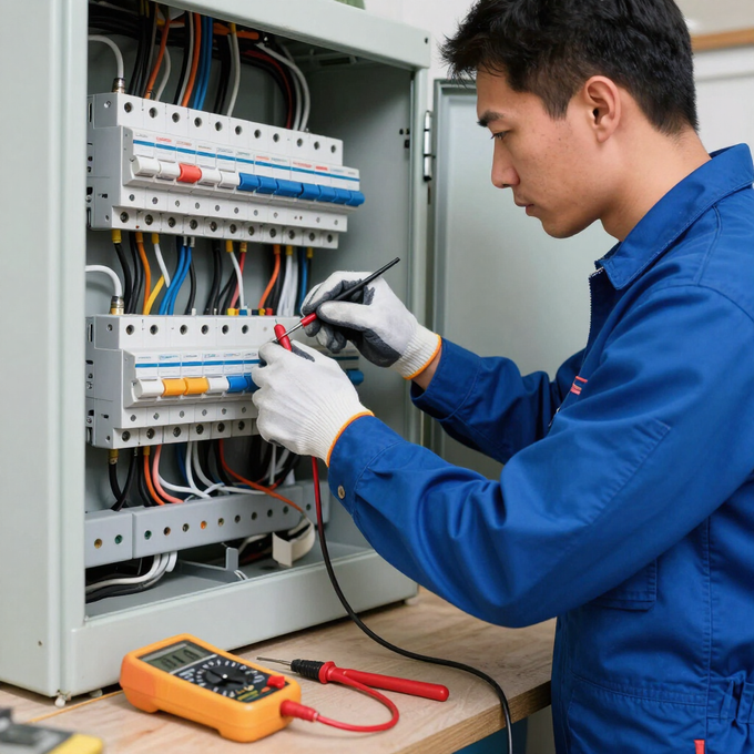 Técnico probando el cableado en un panel de control eléctrico abierto con un multímetro.