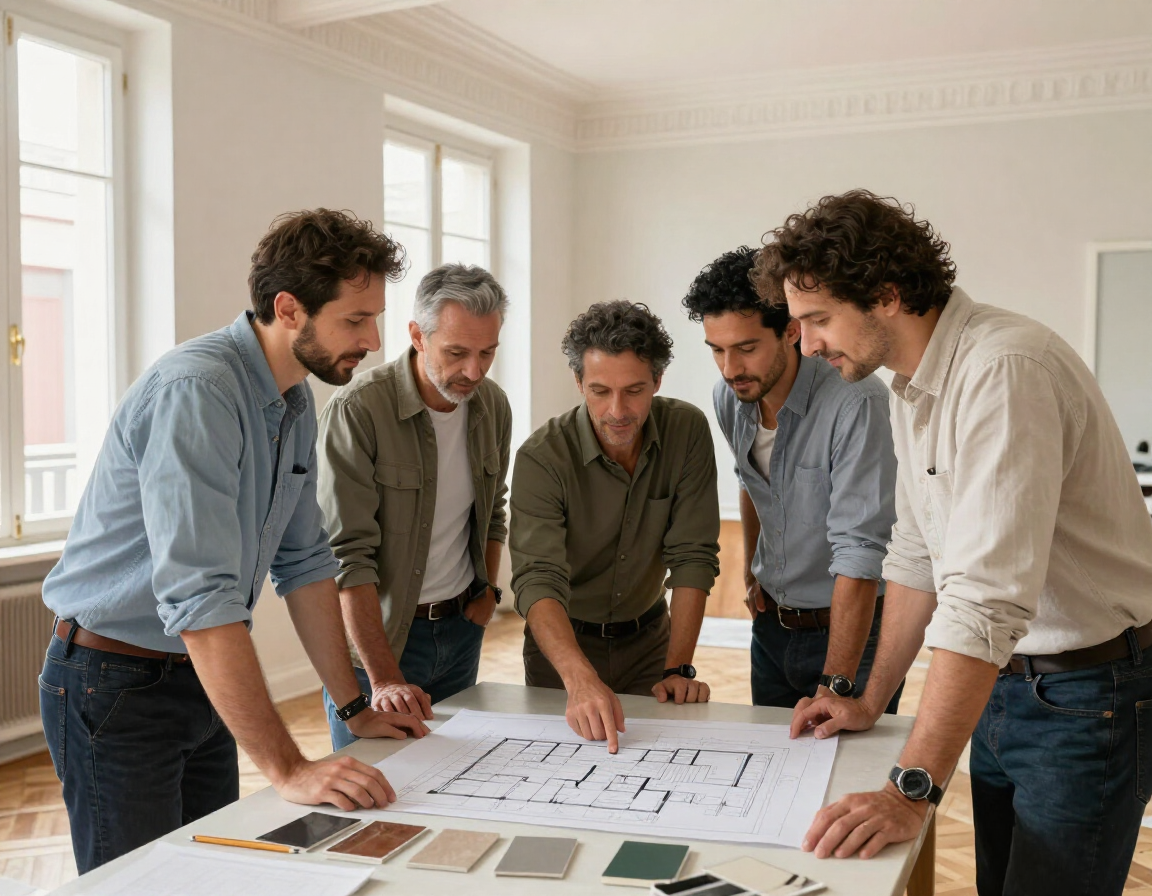 Equipo de W.M. Reformas revisando los planos de una vivienda en Madrid
