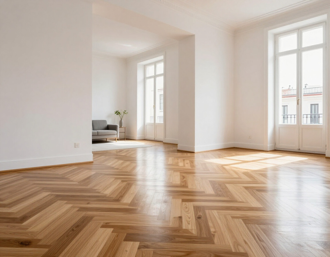Salón de una vivienda reformada en Madrid con suelo de parquet nuevo y paredes blancas