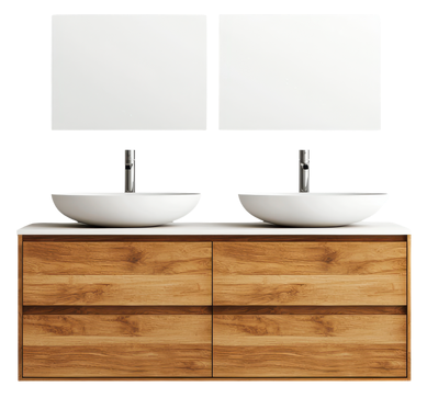 Un meuble avec deux vasques rondes et quatre tiroirs