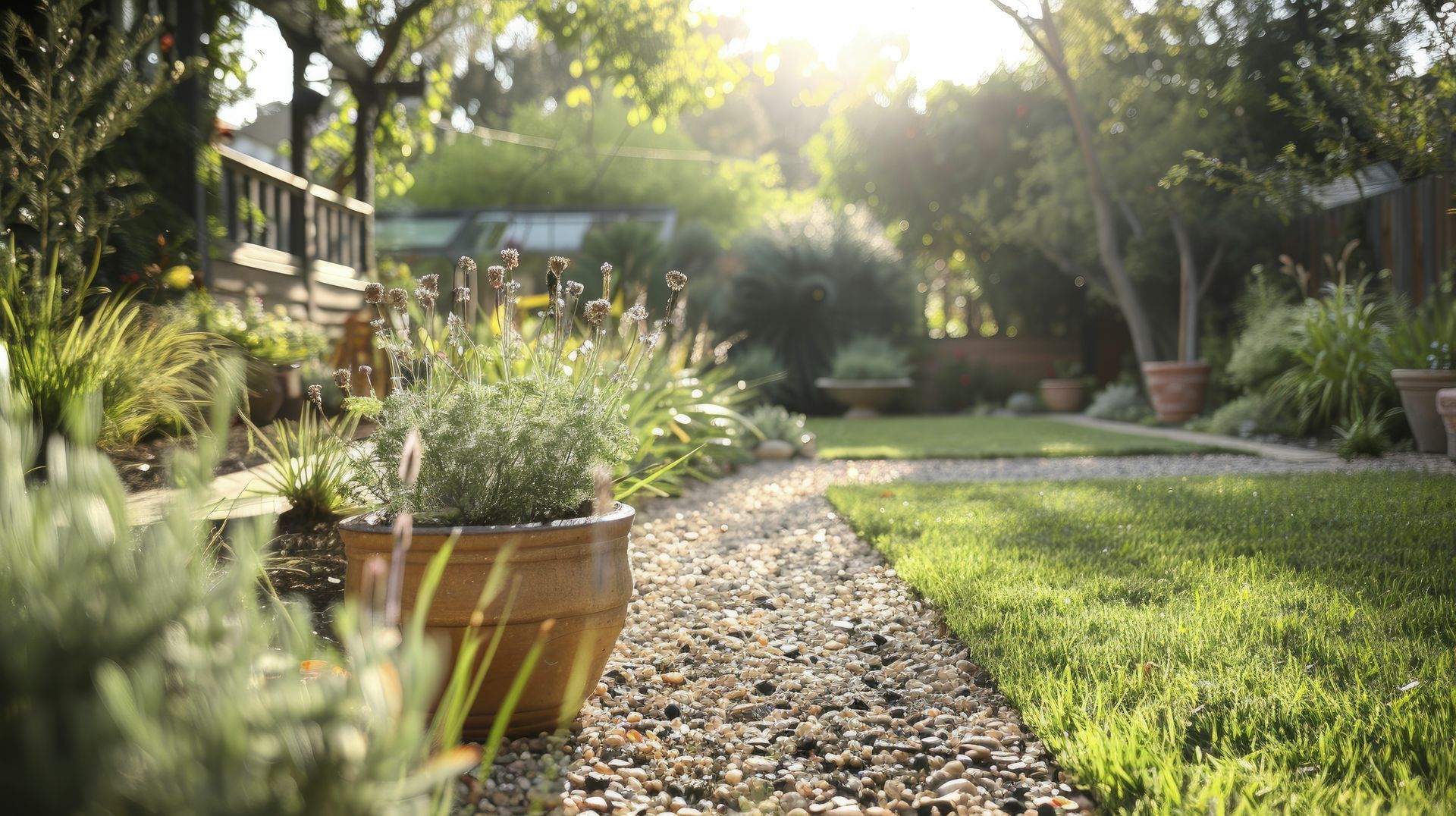 Vue sur allée de jardin gravillonnée et pots de plantes extérieures