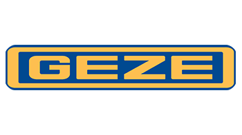 Ein blau-gelbes Logo für Geze auf weißem Hintergrund.