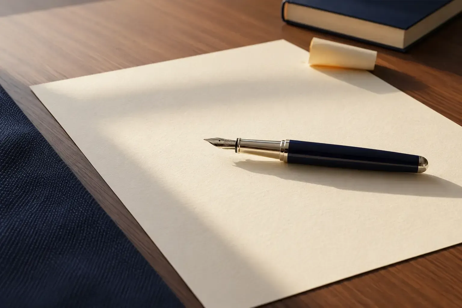 Cuaderno y bolígrafo sobre un escritorio de madera, con un libro al fondo.