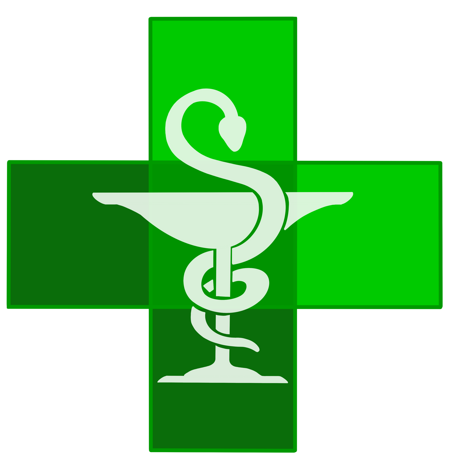 Une croix grecque verte contenant un bol d'Hygie blanc.