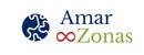 Logotipo de Amar Zonas con icono de globo azul, texto azul y verde y símbolo de infinito rojo.