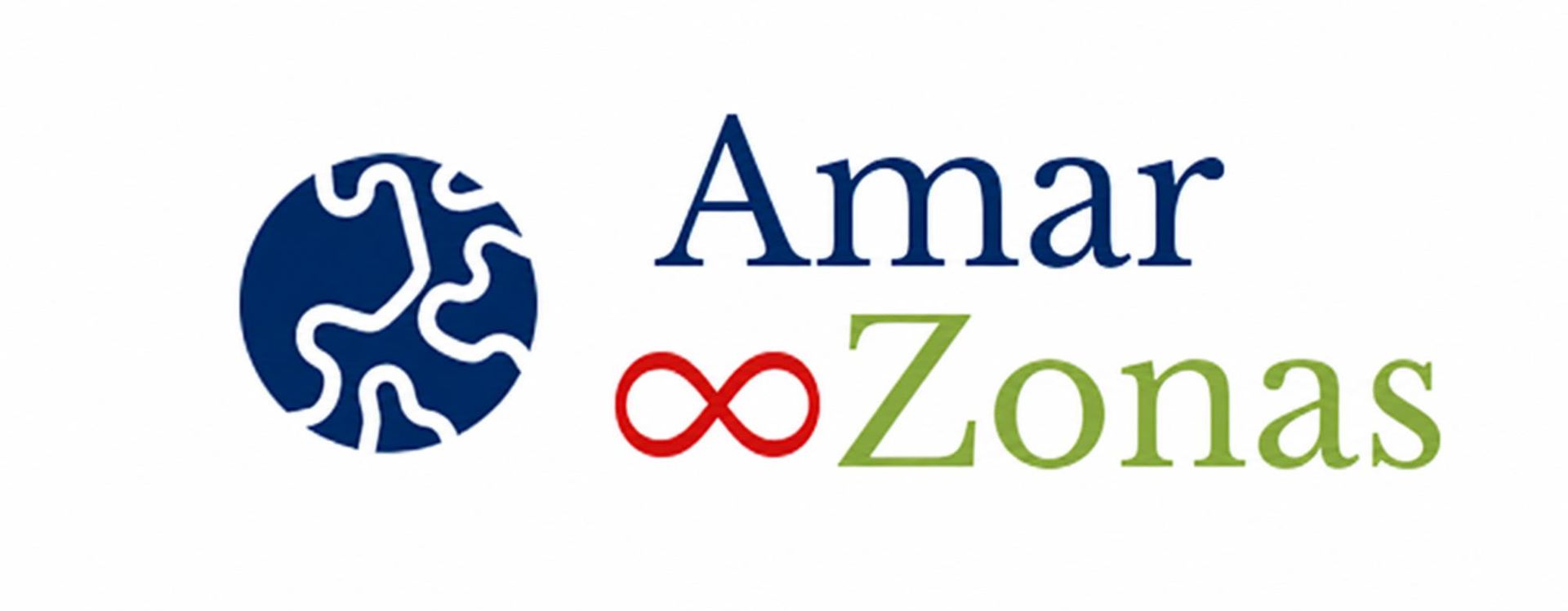 Logotipo de Amar Zonas con icono de globo azul, texto azul y verde y símbolo de infinito rojo.
