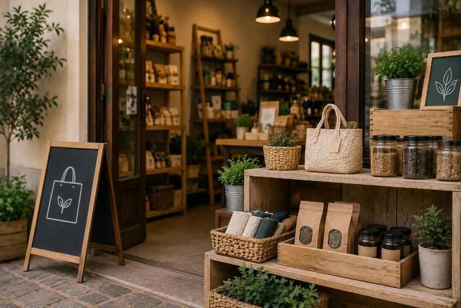 Exhibición rústica de tienda con cestas tejidas, plantas en macetas y un letrero de pizarra cerca de la entrada.