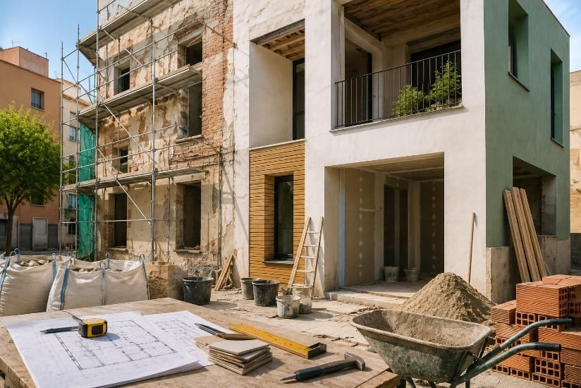 Obra en construcción de una casa adosada moderna con andamios, materiales y fachadas sin terminar.