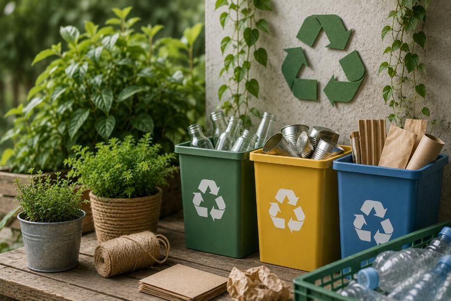 Estación de reciclaje con contenedores verdes, amarillos y azules junto a plantas en macetas y artículos 