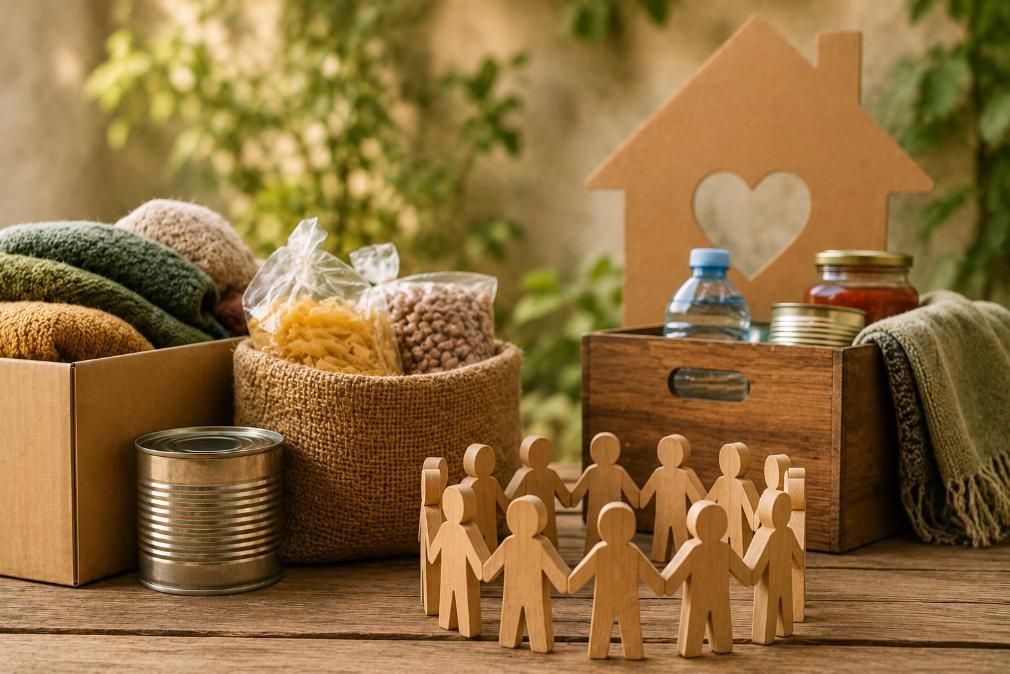 Figuras de madera de una familia junto a productos de despensa, frascos y conservas de comida sobre una mesa rústica.