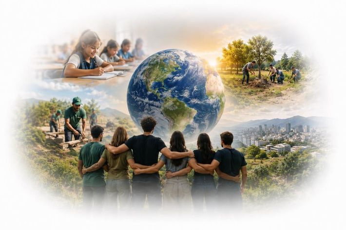 Personas entrelazadas alrededor de un globo terráqueo, con pequeñas escenas de estudiantes, agricultores 
