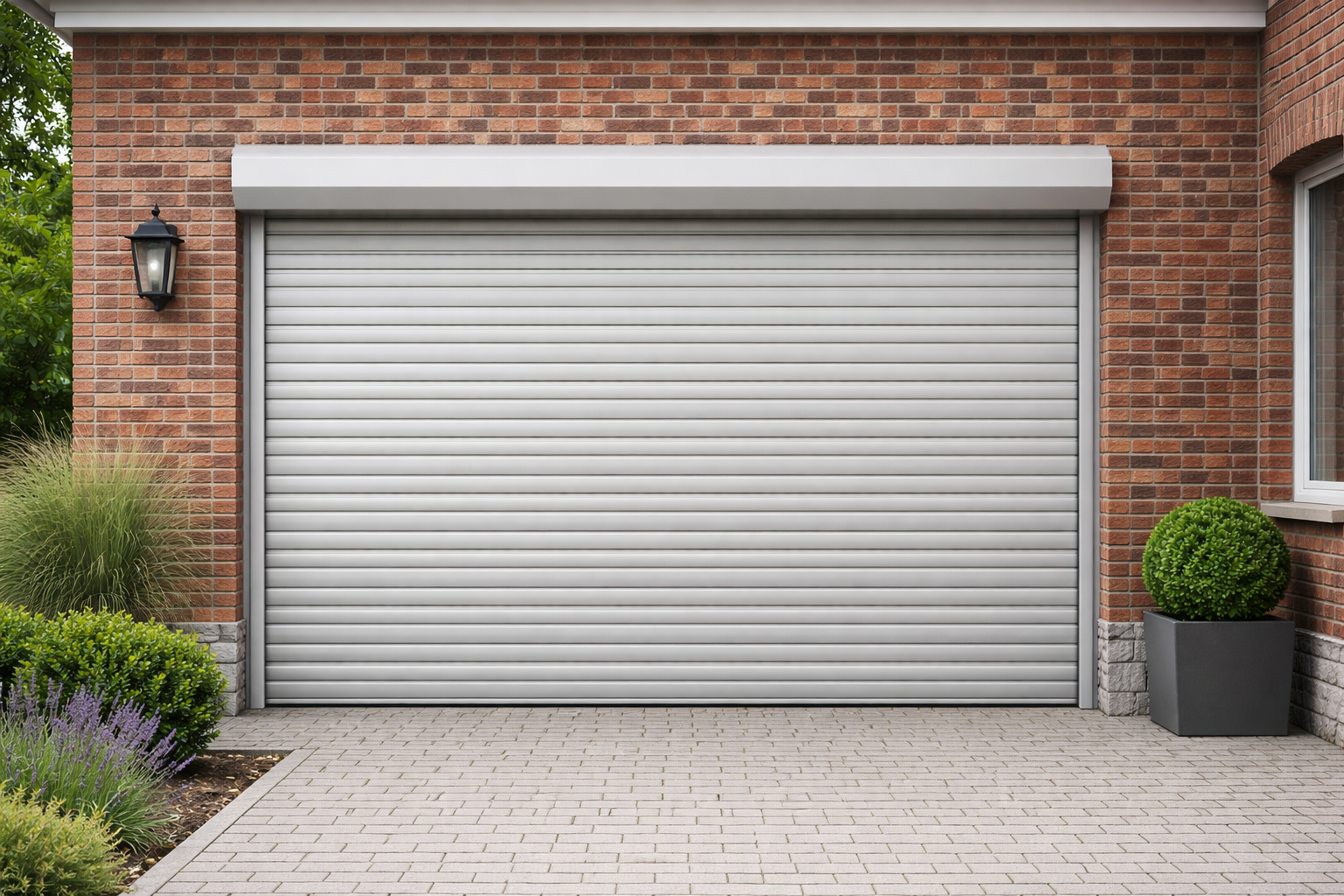 Backsteingebäude mit einem Rolltor aus Aluminium mit Kasten in weiss zum Aufrollen.