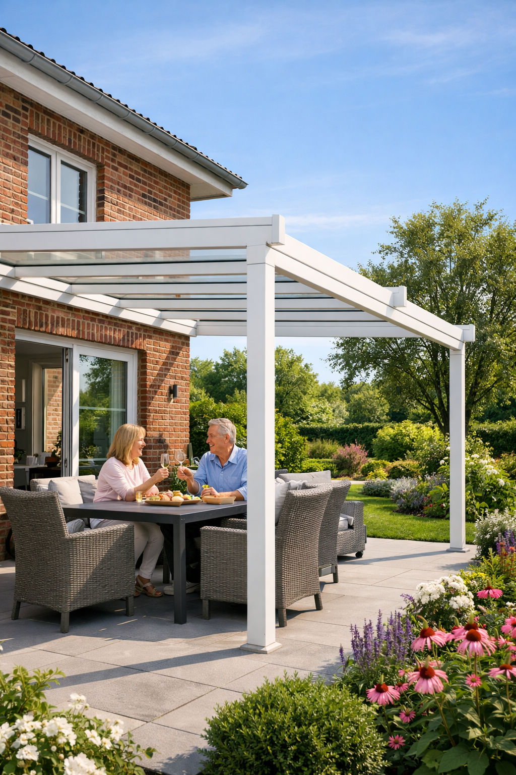 Glasdachmarkise mit weißem Rahmen und braunem Ziegeldach im Hintergrund.