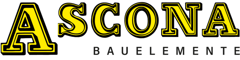 ASCONA-Logo mit gelben Buchstaben und schwarzer Umrandung darüber „Bauelemente“ in Schwarz.