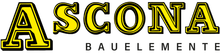 ASCONA-Logo mit gelben Buchstaben und schwarzer Umrandung darüber „Bauelemente“ in Schwarz.