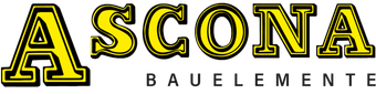 ASCONA-Logo mit gelben Buchstaben und schwarzer Umrandung dar&uuml;ber &bdquo;Bauelemente&ldquo; in Schwarz.