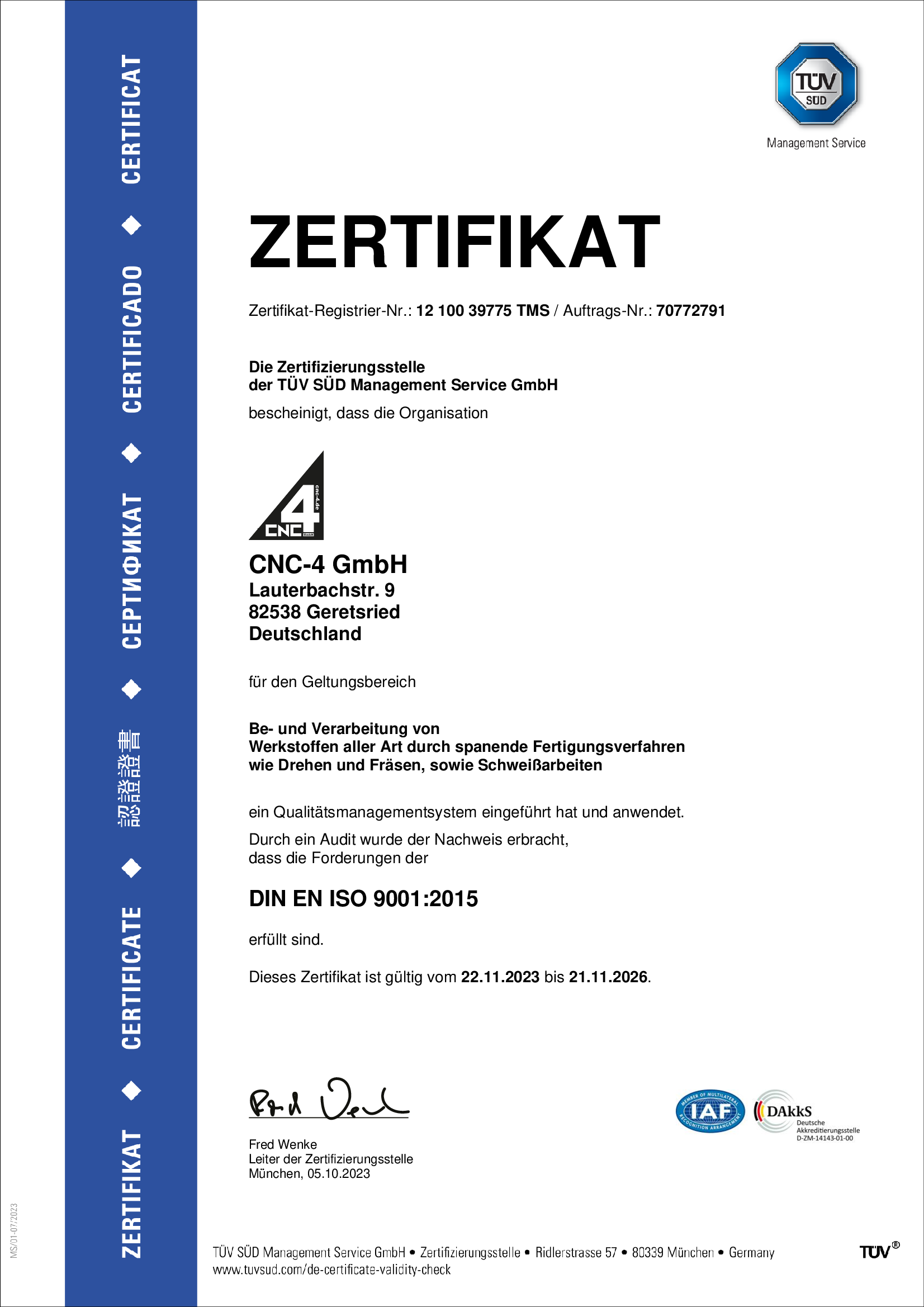 CNC-4 GmbH Zertifikat TÜV