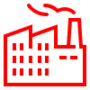 Icône au contour rouge représentant une usine avec des cheminées et de la fumée qui s’échappe du toit.