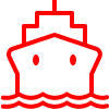 Icône au contour rouge représentant un bateau sur l’eau, avec un pont supérieur et des hublots.