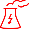 Contour rouge d’une tour de centrale électrique avec un éclair et de la fumée, symbolisant l’électricité ou l’énergie.