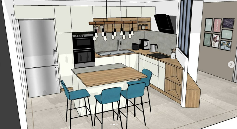 Plan 3D d'une cuisine beige