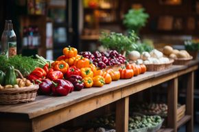 Puesto de productos con pimientos morrones coloridos, verduras y hortalizas sobre una mesa de madera al aire libre.