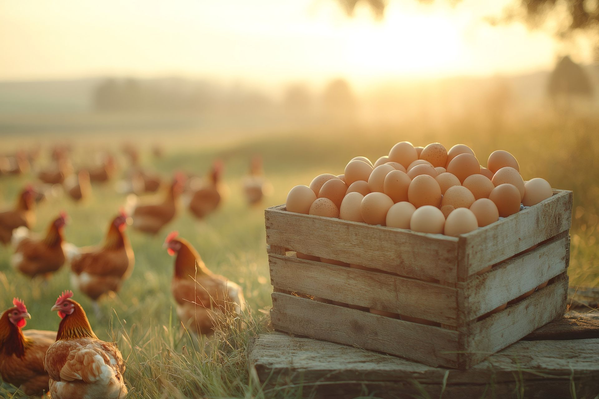 Caja de madera llena de huevos marrones en un campo de gallinas al amanecer.