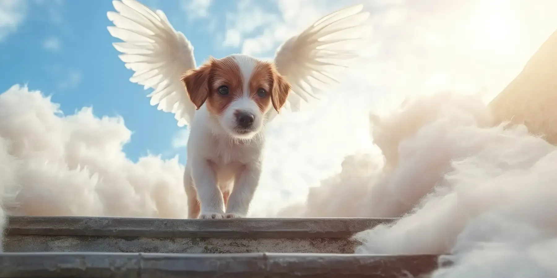 Cachorro con alas de ángel en escalones rodeado de nubes, con un cielo brillante.