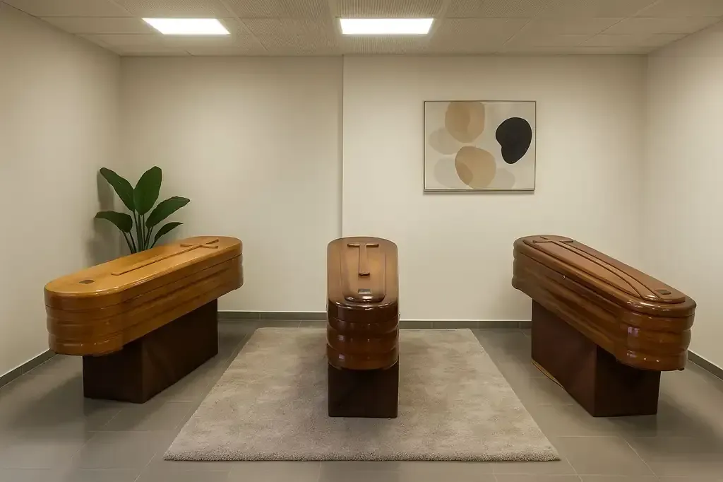 Una habitación con tres ataúdes cerrados sobre pedestales, un dispensador de agua y arte abstracto en la pared.