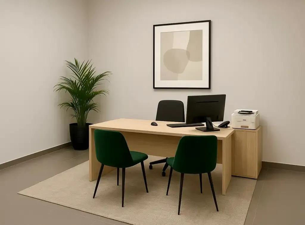 Oficina con escritorio, sillas, computadora, impresora y planta. Obra de arte en la pared.