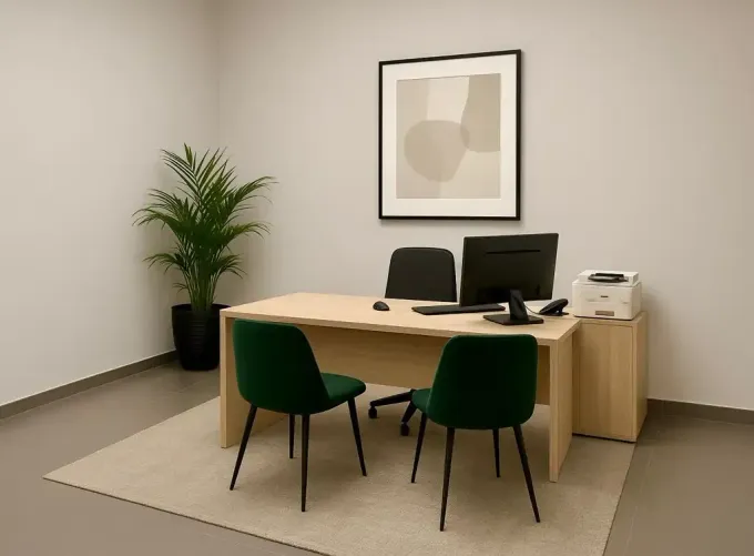 Oficina con escritorio, sillas, computadora, impresora y planta. Obra de arte en la pared.