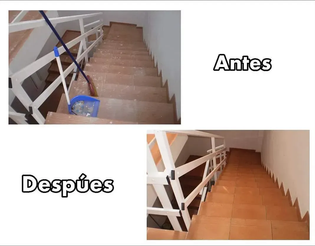 Una foto de antes y después de una escalera con las palabras antes y después