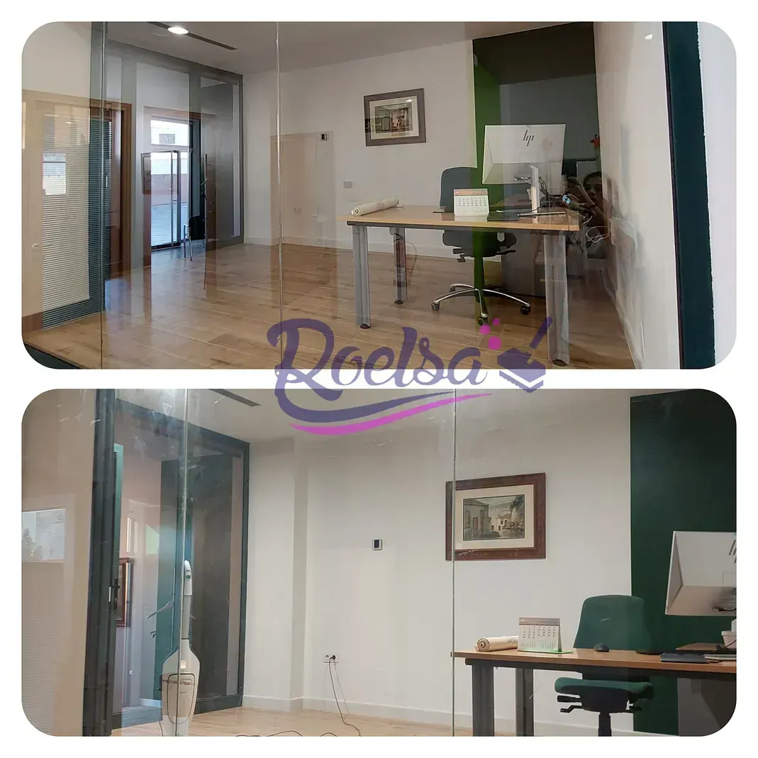 Una foto de antes y después de una oficina con la palabra reelsa en la parte inferior.