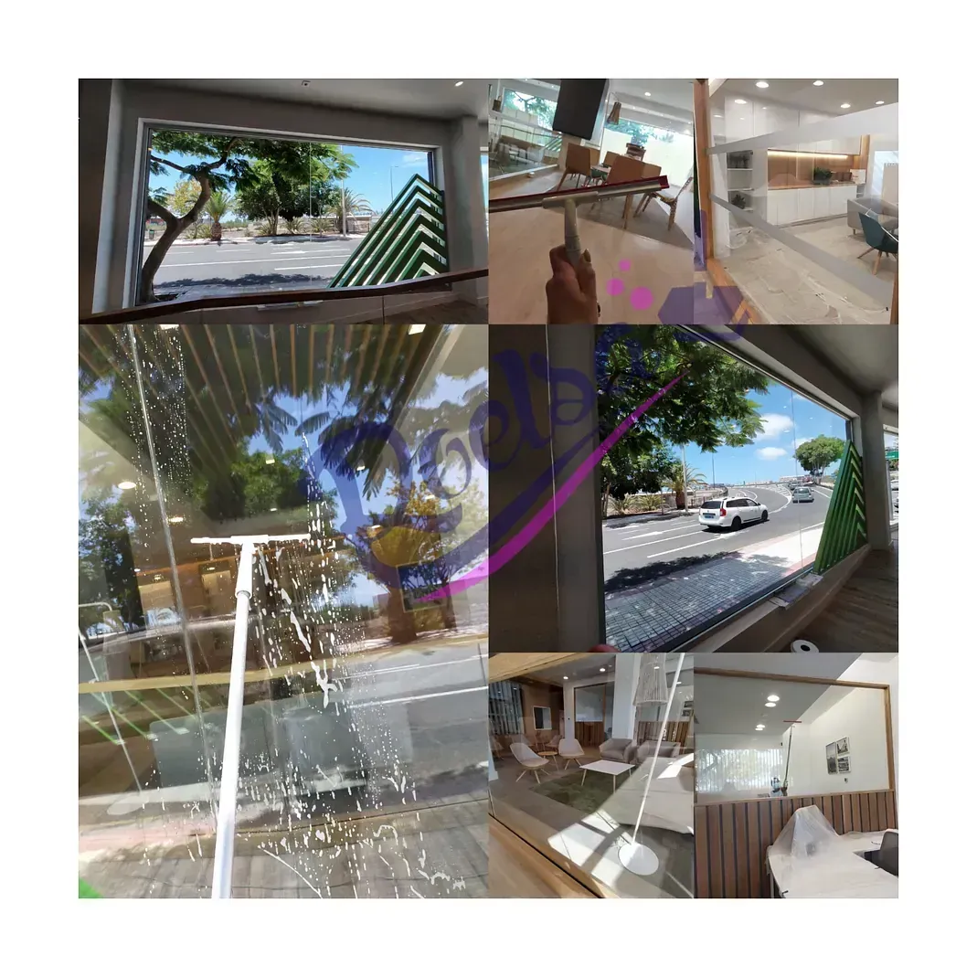 Un collage de fotografías de una persona limpiando una ventana.