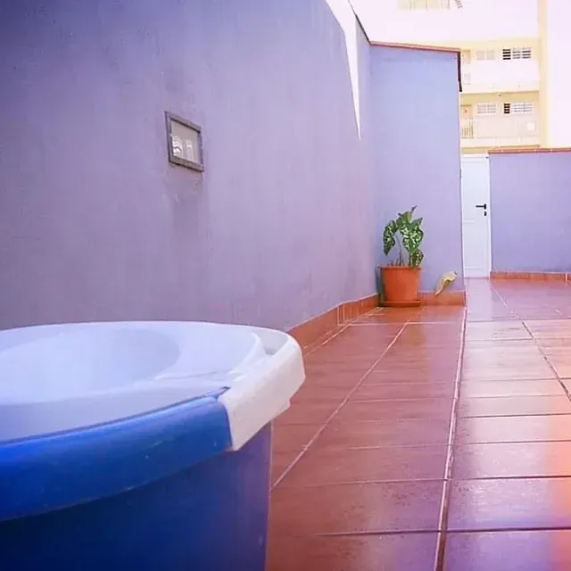 Un cubo azul está sobre una pasarela de baldosas al lado de una planta en maceta.