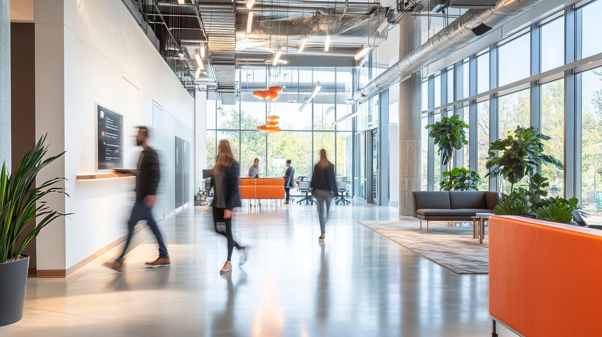 Hall d'entrée de bureaux moderne avec des passants ; grandes fenêtres, touches d'orange, plantes.