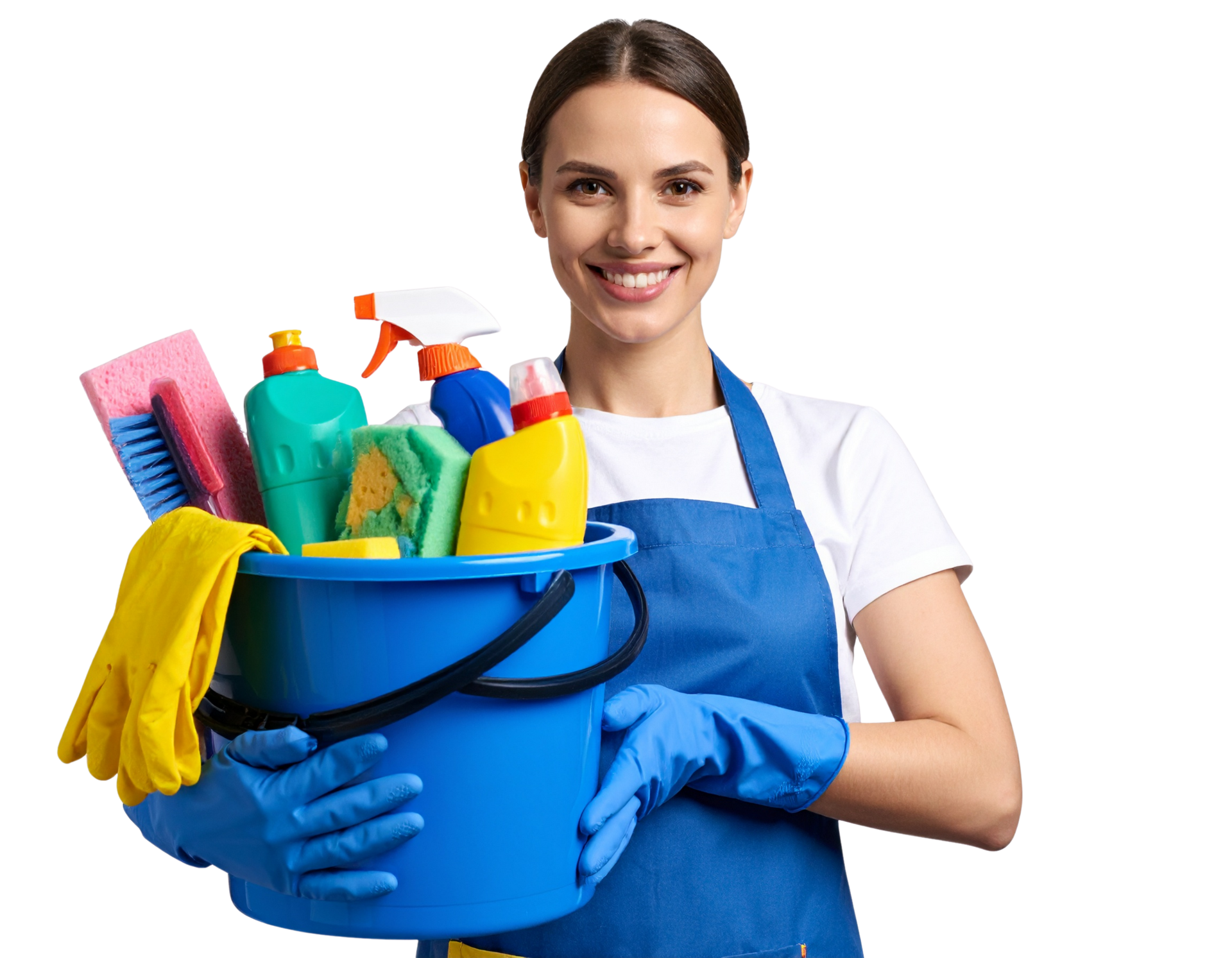 Femme en tablier et gants tenant un seau bleu rempli de produits de nettoyage, souriante.