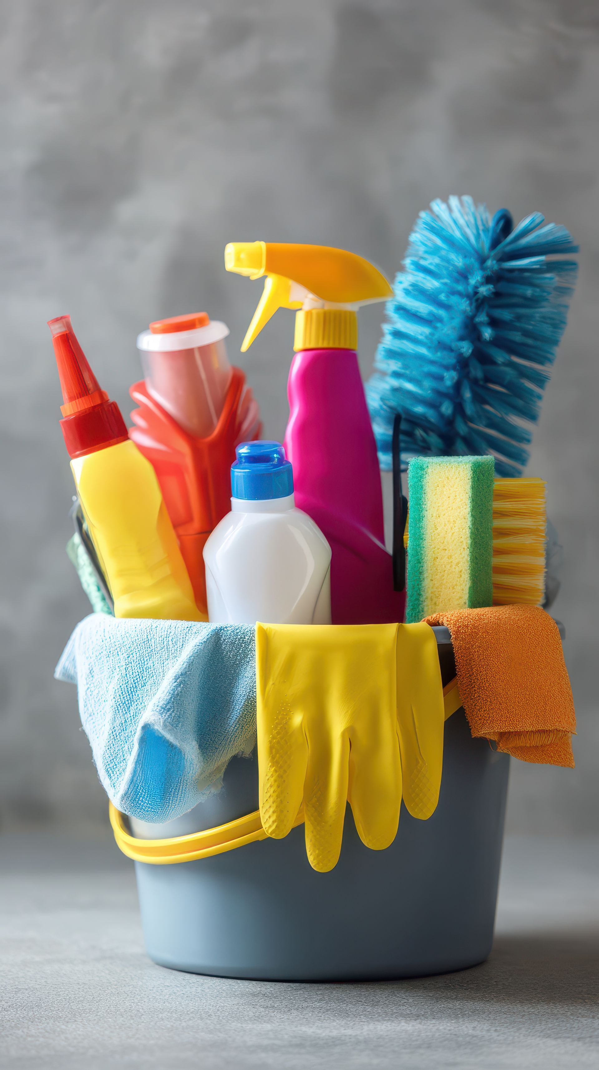 Seau rempli de produits de nettoyage : sprays, brosses, éponges, chiffons et gants.