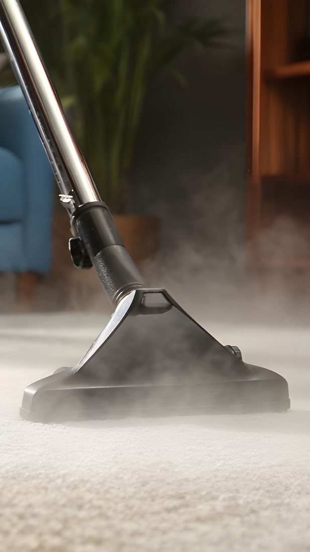 Tête de nettoyeur à vapeur libérant de la vapeur sur un tapis.