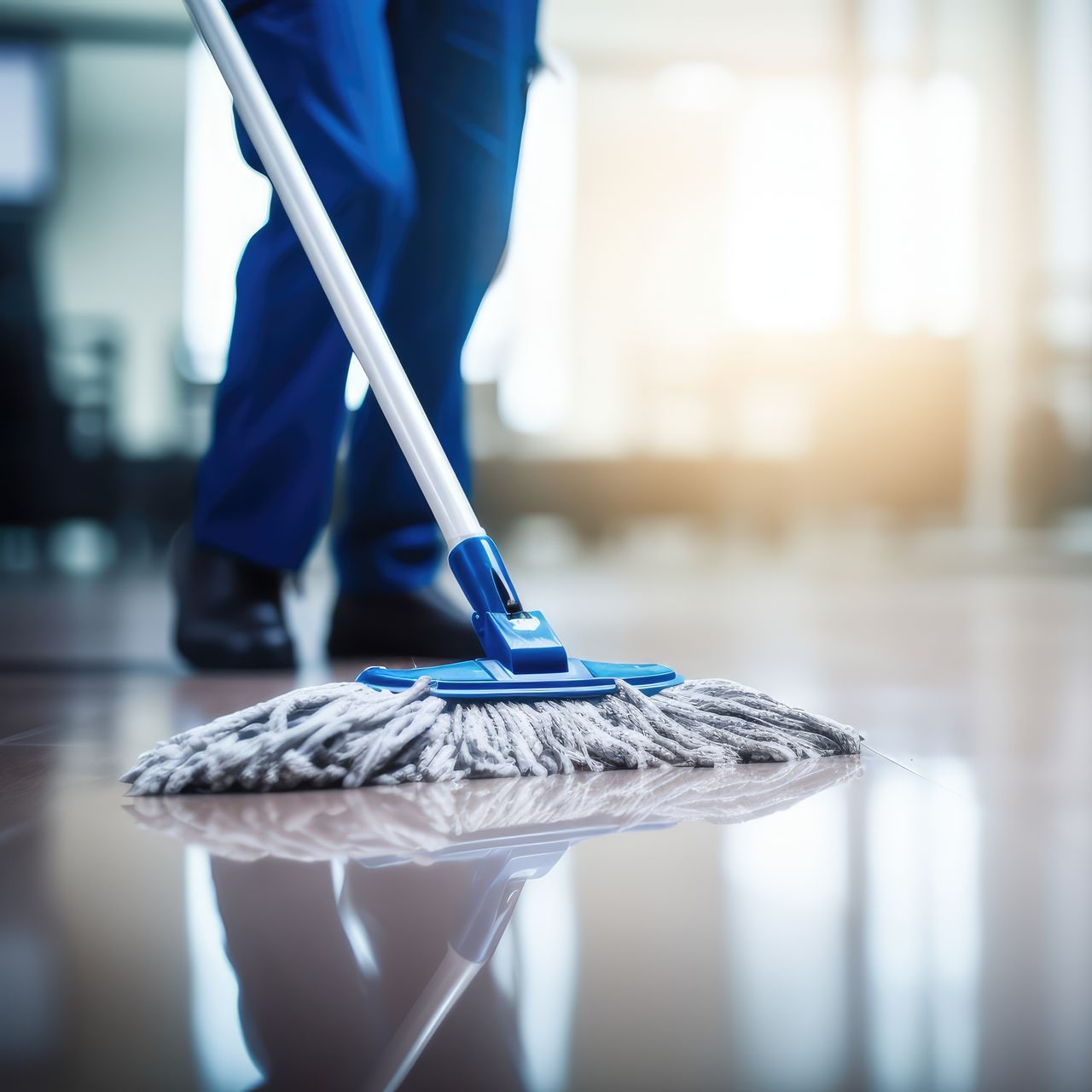 Une personne qui lave un sol brillant et réfléchissant avec une serpillière.