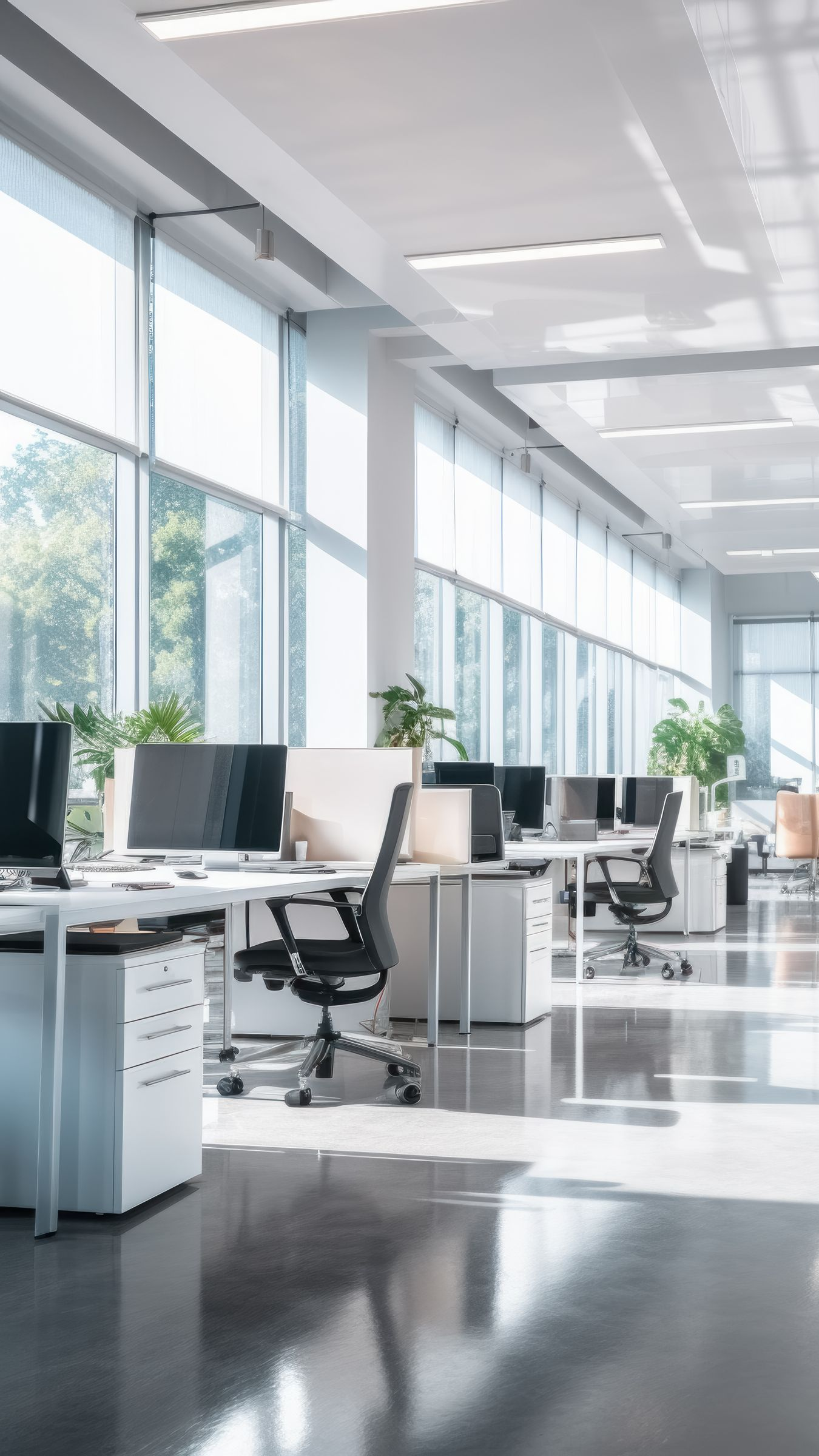 Bureau lumineux et moderne avec des rangées de bureaux, des ordinateurs et de grandes fenêtres laissant entrer la lumière du soleil.