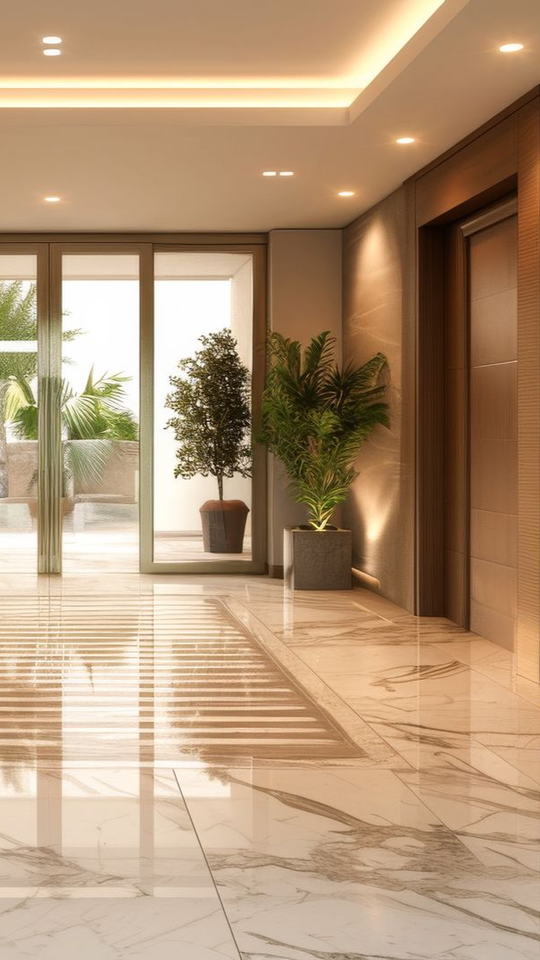Élégant couloir avec sol en marbre, plantes en pot et ascenseur.