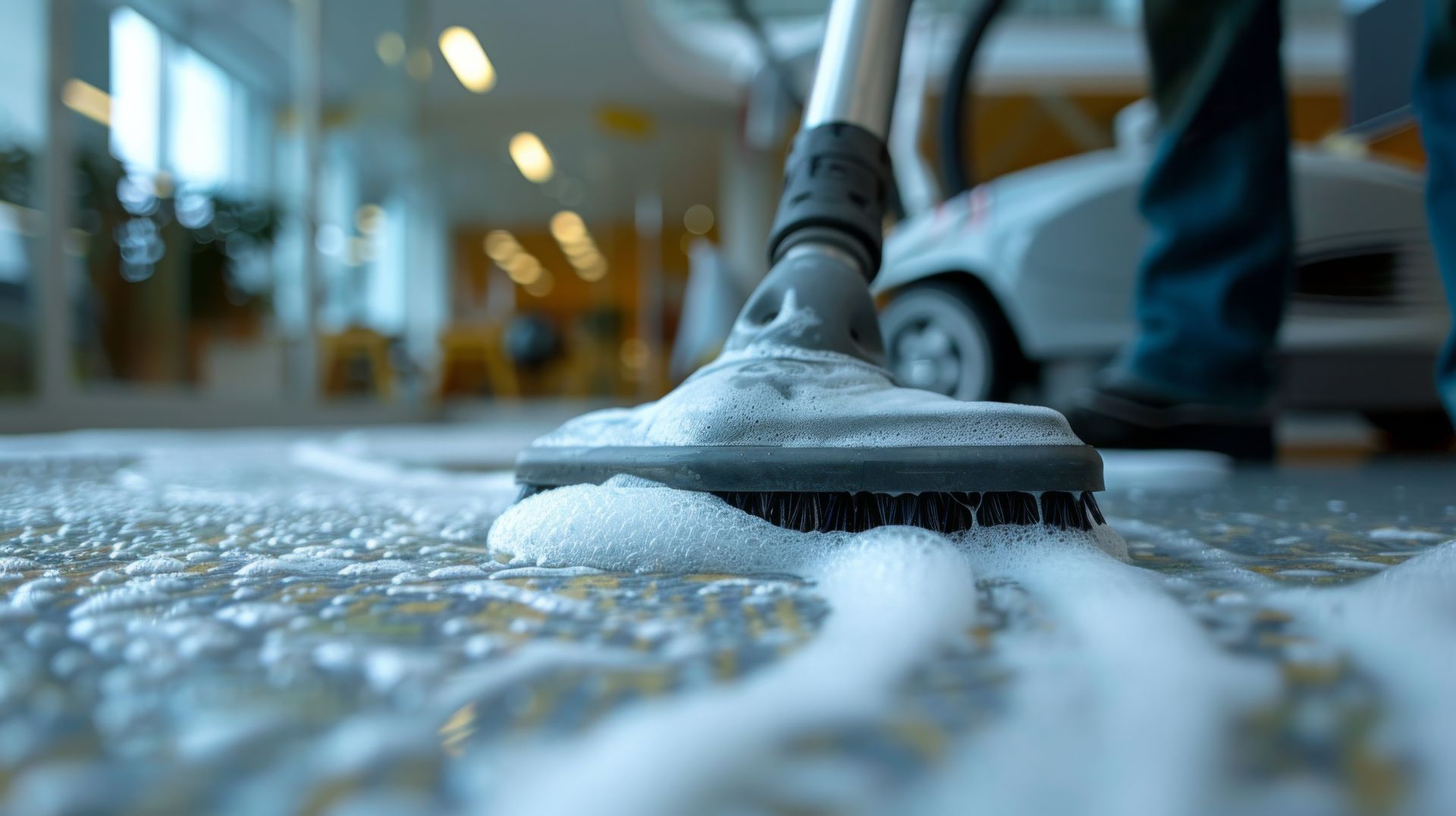 Le sol est frotté à la machine avec de la mousse savonneuse.