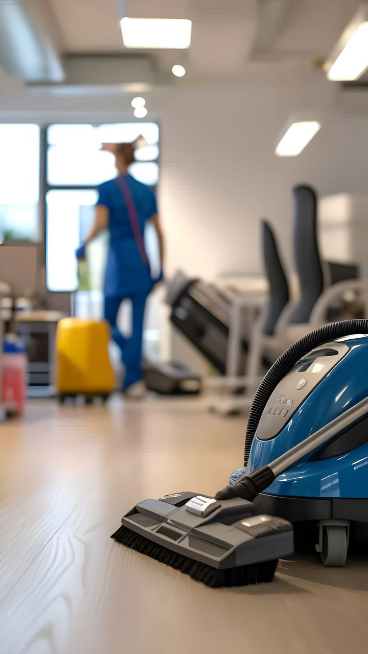 Aspirateur bleu sur parquet, agent d'entretien en blouse bleue en arrière-plan.